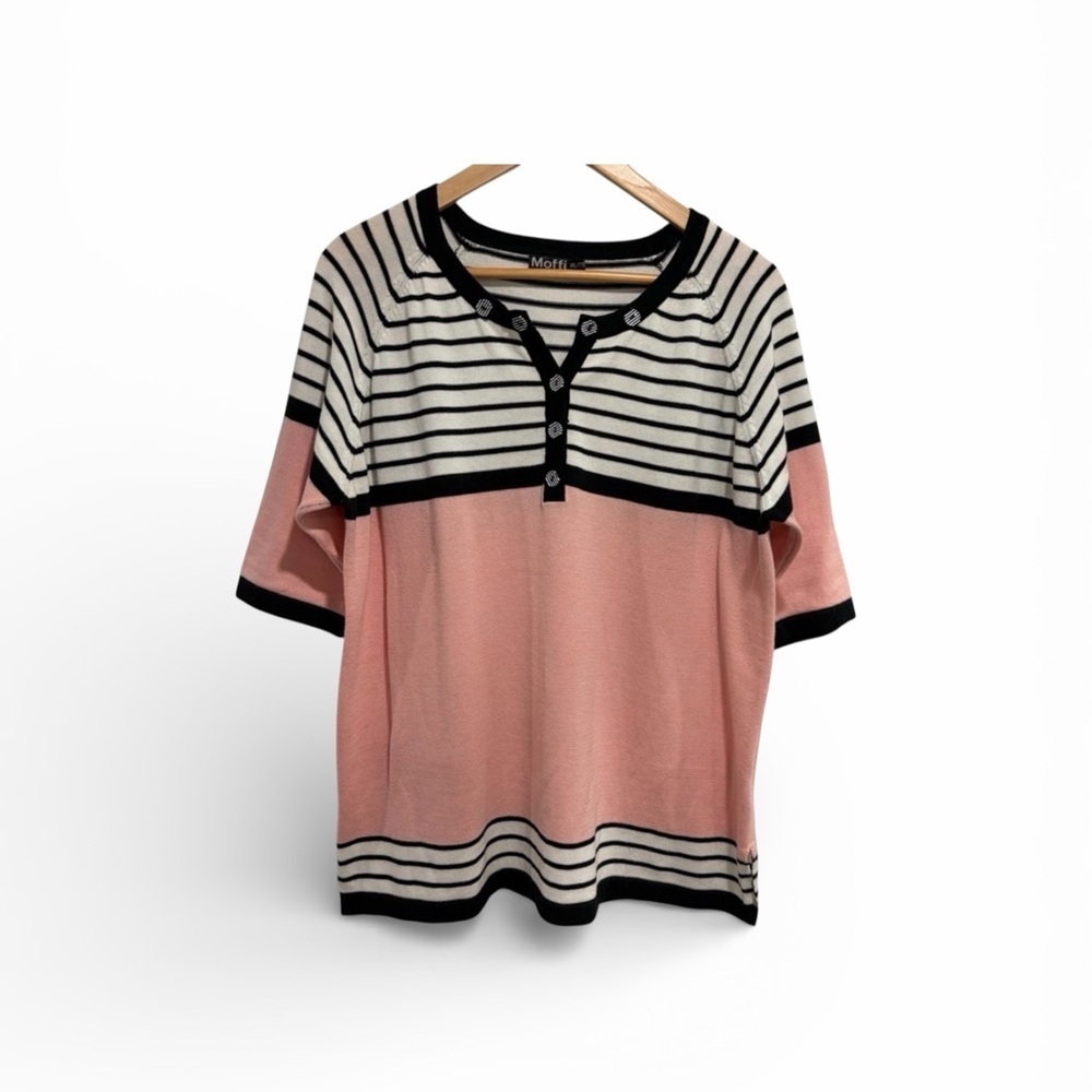 2/$25 Moffi Black, Pink and White Striped Short-Sleeve Button-Up Sweater